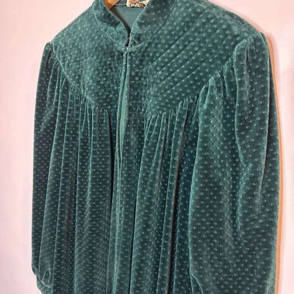 Styled By Say~Lu Vtg‎ Green Velour Robe Long Zip Up Pleat Pintuck Nightgown Med